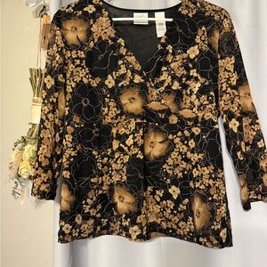 Liz Claiborne Black Top with Gold Floral Print